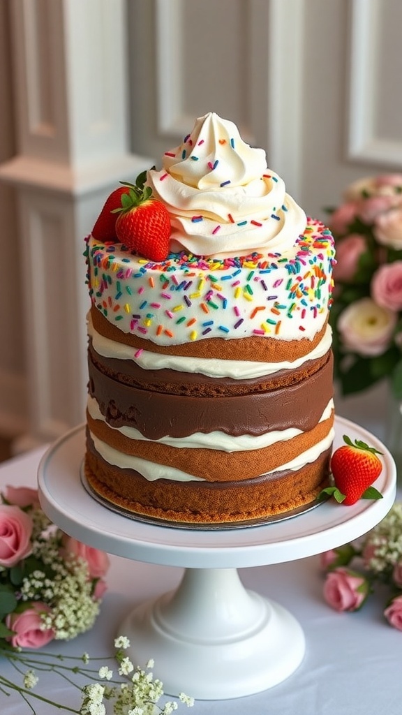An elegant ice cream wedding cake with chocolate and vanilla layers, decorated with sprinkles and strawberries on a cake stand.